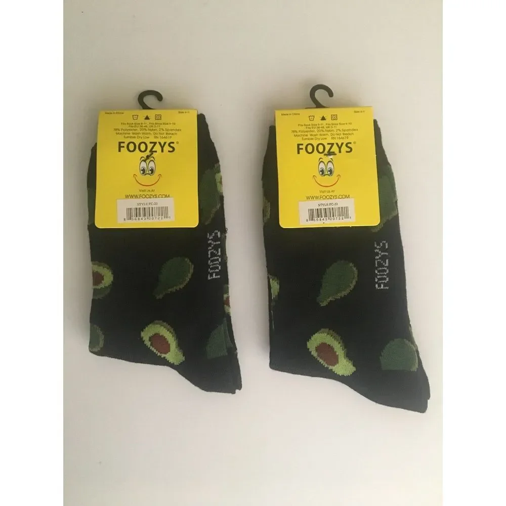 2 Foozys‎ Avocado Fun Novelty Crew Socks Ladies/Girls Black LOT QUALITY NEW